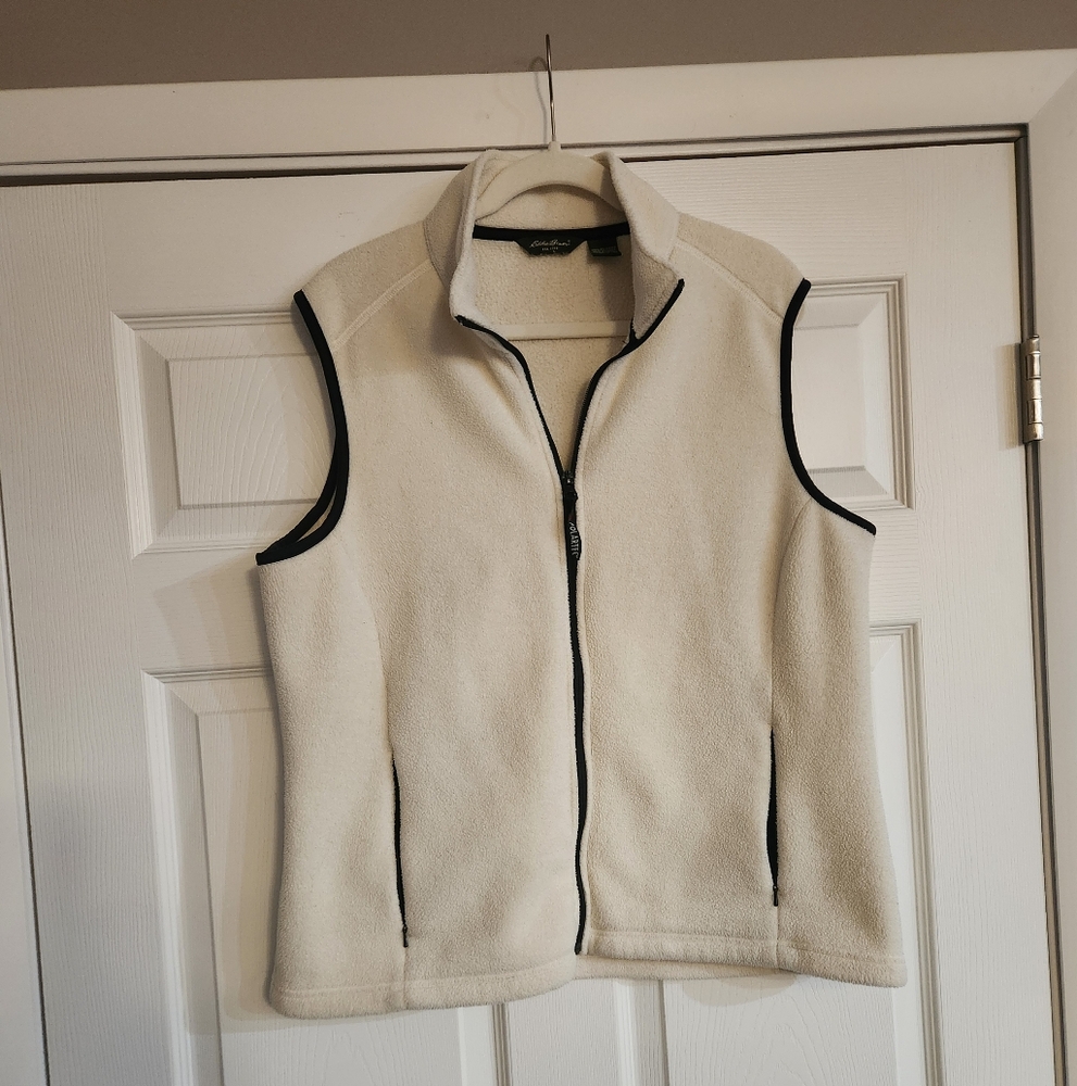 Eddie Bauer Polartec Cream Fleece Vest with Black Trim